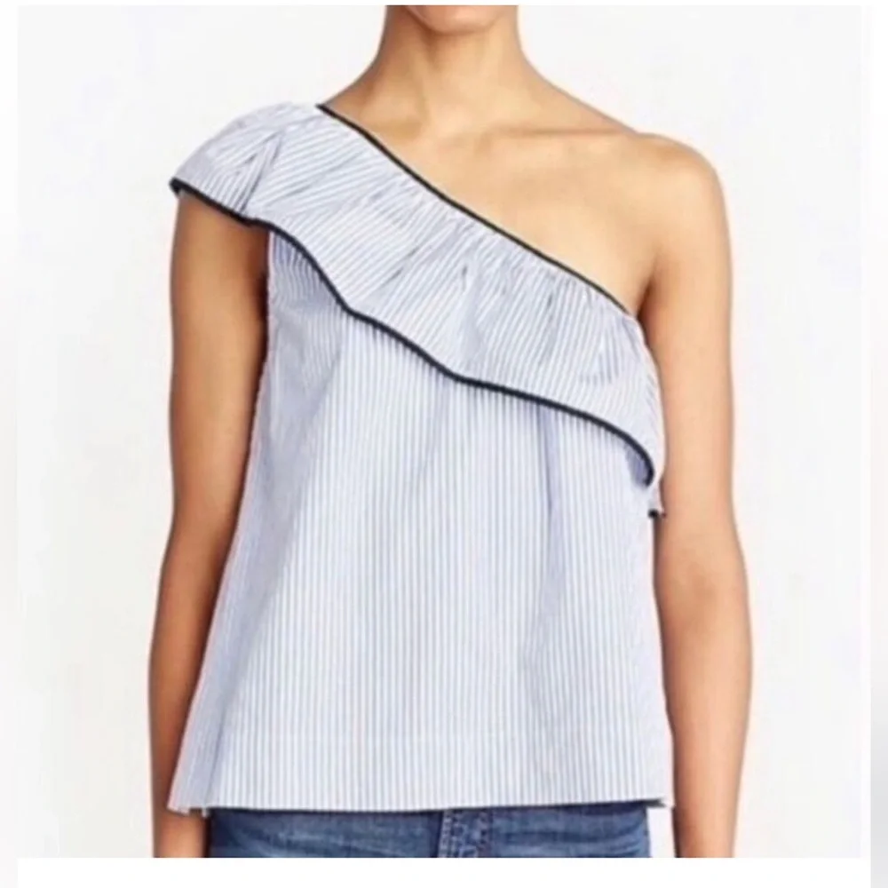 J. Crew One-Shoulder Blue White Pinstripe Ruffle Preppy Summer Coastal Top 2